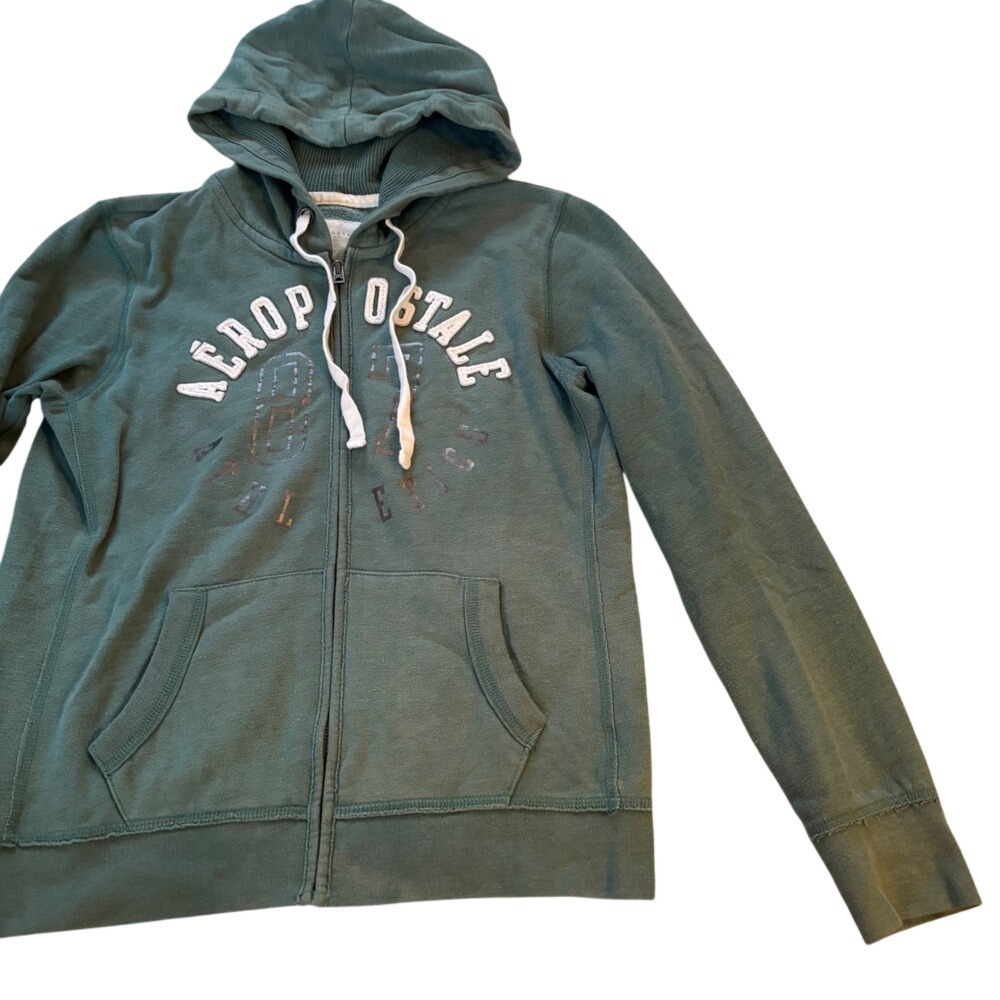 Aeropostale Mens Green Full Zip‎ Hoodie 87 Athletics Graphic Sweatshirt Large